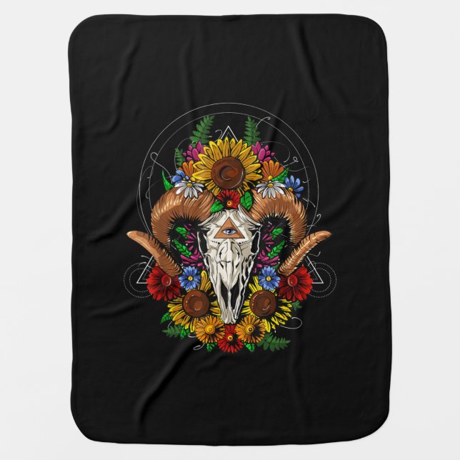 Goat Skull Psychedelic Sunflowers Baby Blanket (Front)