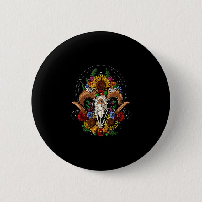 Goat Skull Psychedelic Sunflowers Button (Front)