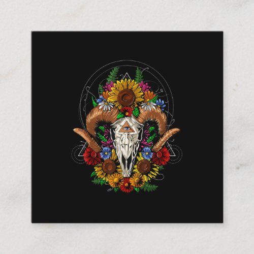 Goat Skull Psychedelic Sunflowers Floral Hippie Square Business Card