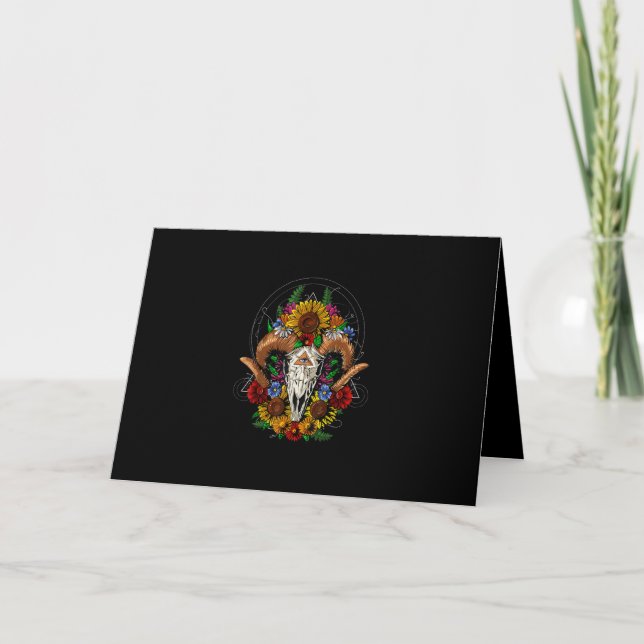 Goat Skull Psychedelic Sunflowers Holiday Card (Front)