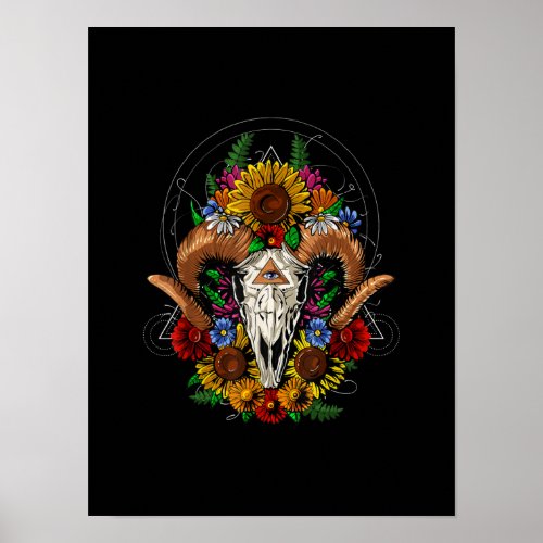Goat Skull Psychedelic Sunflowers Poster