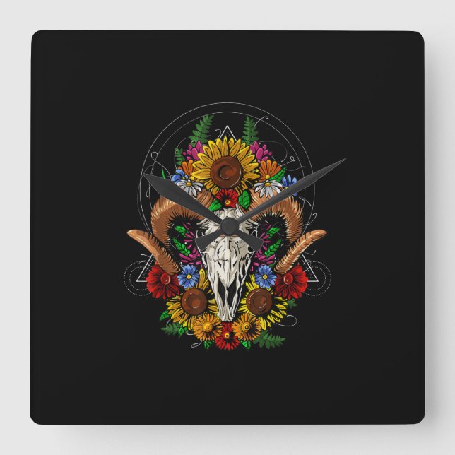 Goat Skull Psychedelic Sunflowers Square Wall Clock (Front)