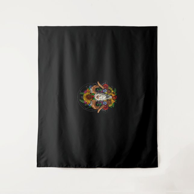 Goat Skull Psychedelic Sunflowers Tapestry (Front)