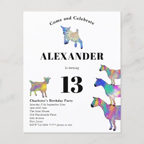 Goat Themed 13th Birthday Party Budget Flyer