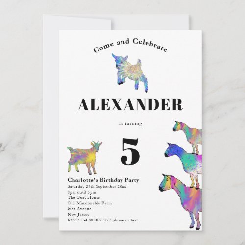 Goat Themed 5th Birthday Party Invitation