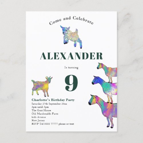 Goat Themed 9th Birthday Party Green Invitation Postcard