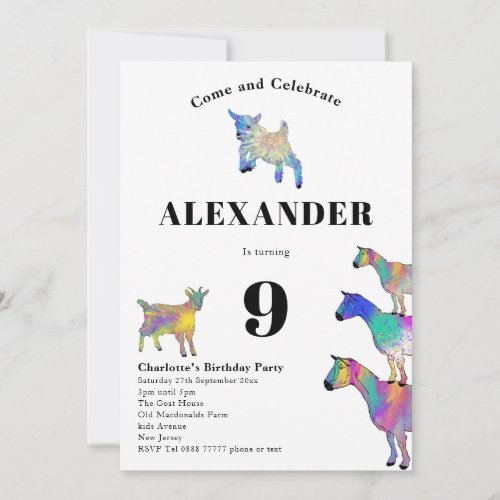 Goat Themed 9th Birthday Party Invitation