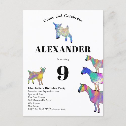 Goat Themed 9th Birthday Party Invitation Postcard