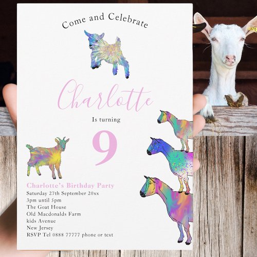 Goat Themed 9th Birthday Party Pink Invitation