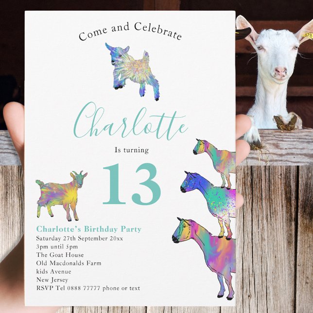Goat Themed Animal Lover Birthday Party Invitation (Cute goats colorful farm animal art 13th birthday party invitation )