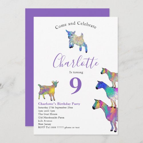 Goat Themed Animal Lovers Birthday Party Purple Invitation