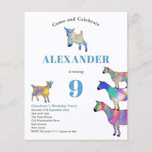 Goat Themed Birthday Party Blue Budget Flyer