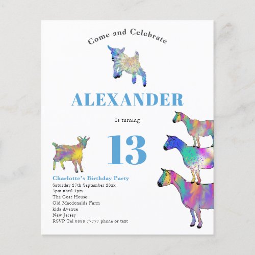 Goat Themed Birthday Party Blue Budget Flyer