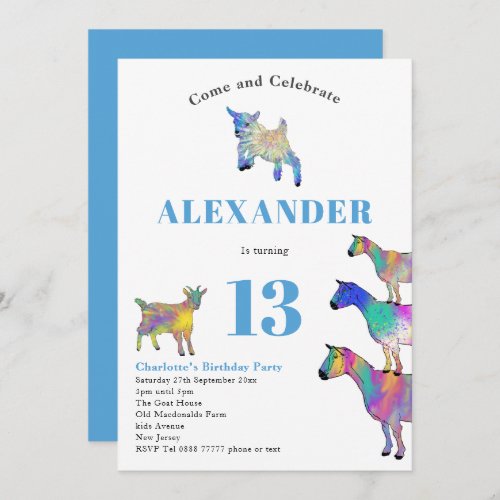 Goat Themed Birthday Party Blue Invitation