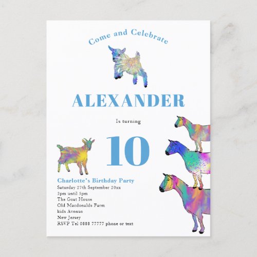 Goat Themed Birthday Party Blue Invitation Postcard
