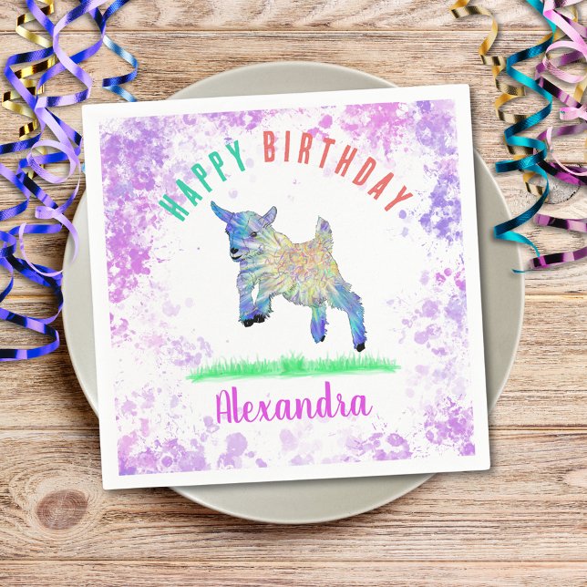 Goat Themed Birthday Party Colorful Farm Animal  Napkins (Cute goat themed birthday party custom napkin colorful farm animal watercolor art)