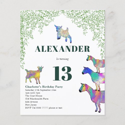 Goat Themed Birthday Party Green Budget Flyer