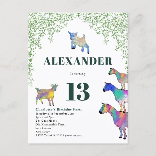 Goat Themed Birthday Party Green Invitation Postcard