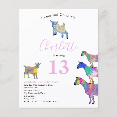 Goat Themed Birthday Party Pink Budget Flyer