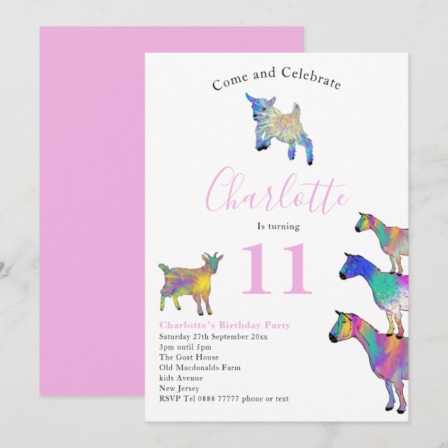Goat Themed Birthday Party Pink Invitation (Front/Back)