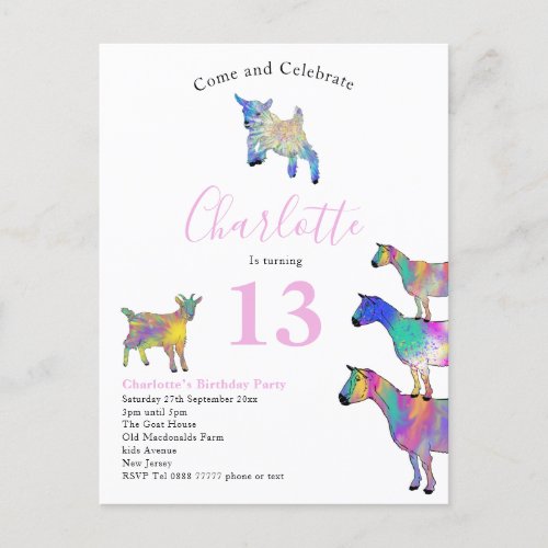Goat Themed Birthday Party Pink Invitation Postcard