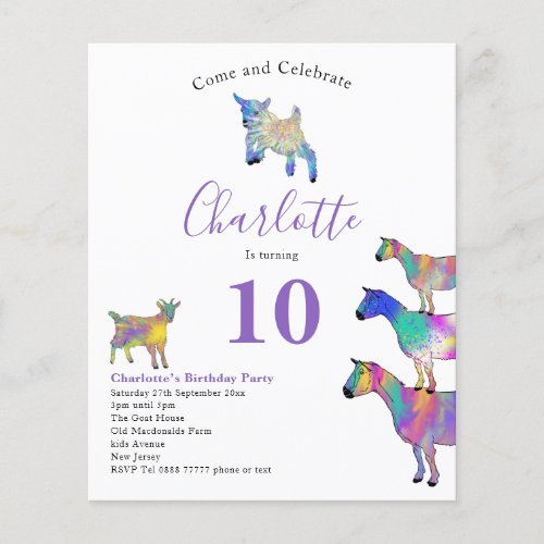 Goat Themed Birthday Party Purple Budget Flyer