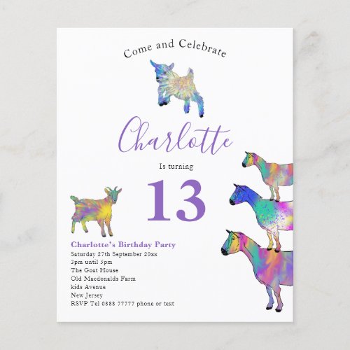 Goat Themed Birthday Party Purple Budget Flyer