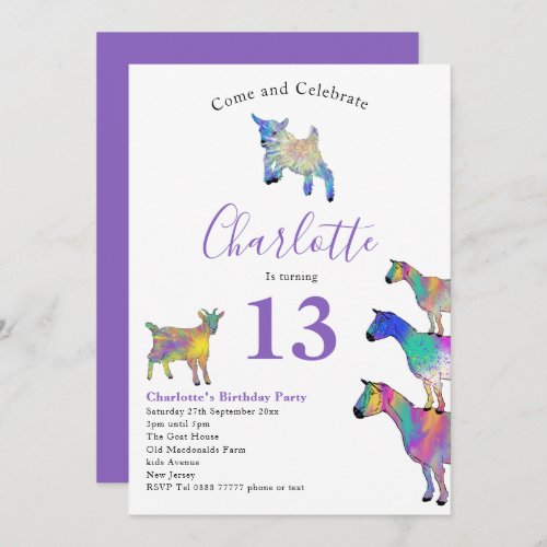 Goat Themed Birthday Party Purple Invitation