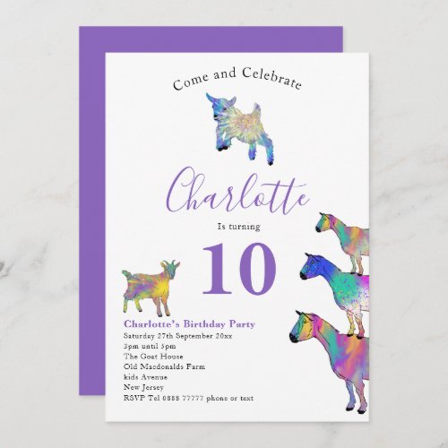Goat Themed Birthday Party Purple Invitation