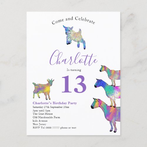 Goat Themed Birthday Party Purple Invitation Postcard