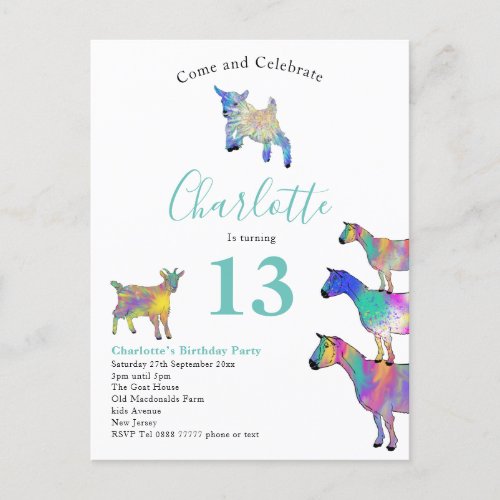 Goat Themed Birthday Party Teal Invitation Postcard