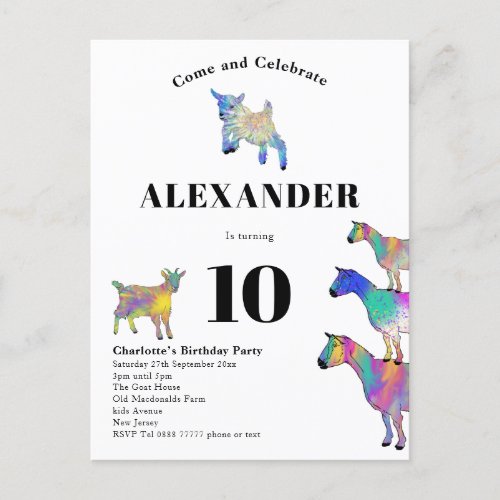 Goat Themed Colorful Birthday Party Budget Invitation Postcard