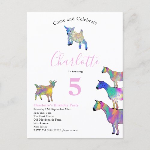 Goat Themed Girls Birthday Party Pink Invitation Postcard