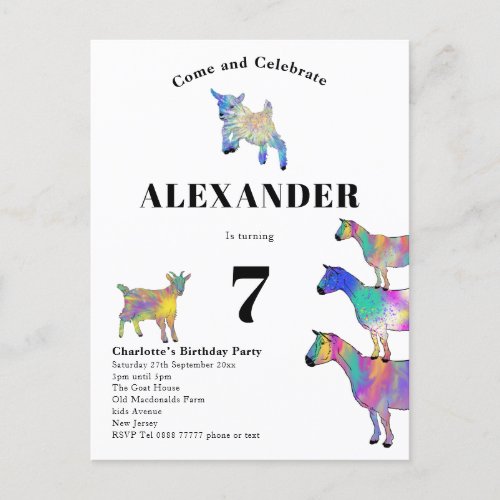 Goat Themed Kids Birthday Party Invitation Postcard