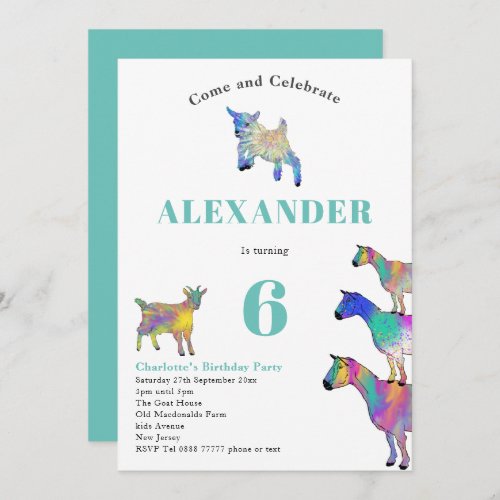 Goat watercolor 6th Birthday Party Blue Invitation