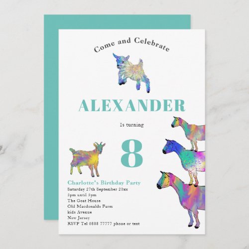 Goat watercolor 8th Birthday Party Blue Invitation