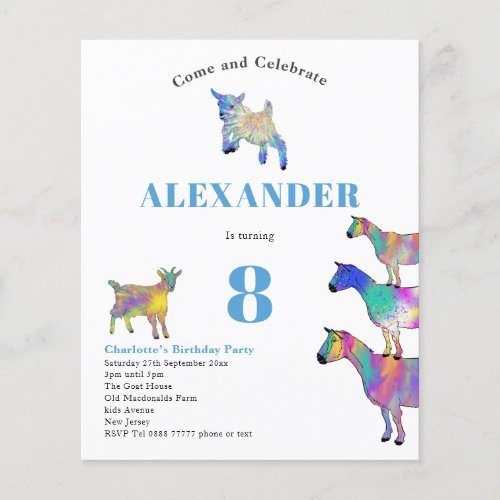 Goat Watercolor Birthday Party Blue Budget Flyer