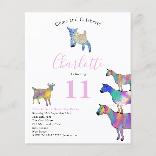 Goat Watercolor Birthday Party Pink Budget Flyer
