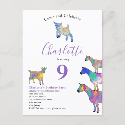 Goat Watercolor Birthday Party Purple Invitation Postcard