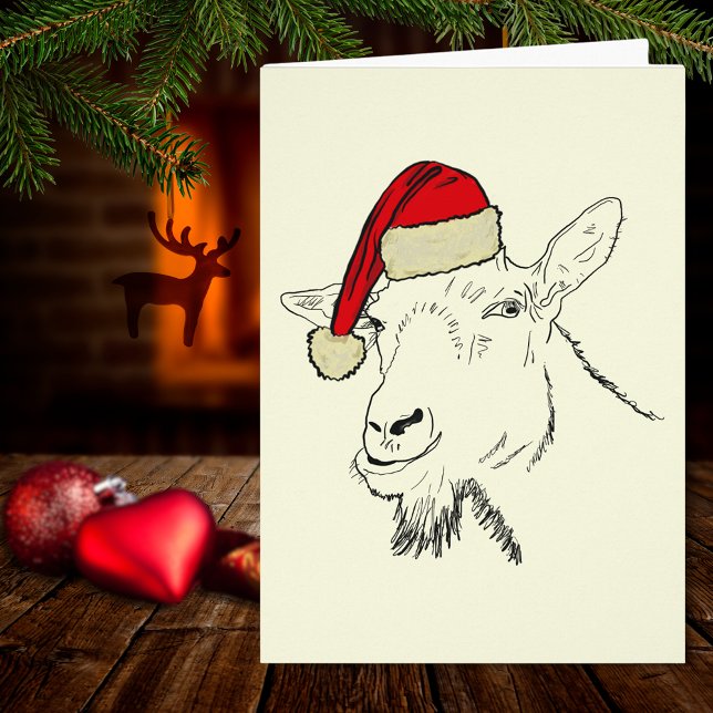 Goat wearing a Santa Hat illustration  Cards (Christmas goat wearing a santa hat simple farm animal drawing holiday greetings card)