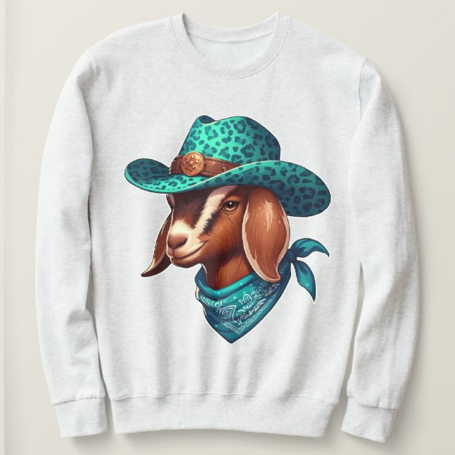 Goat Wearing a Stylish Cowboy Hat and Bandana Sweatshirt (Design Front)