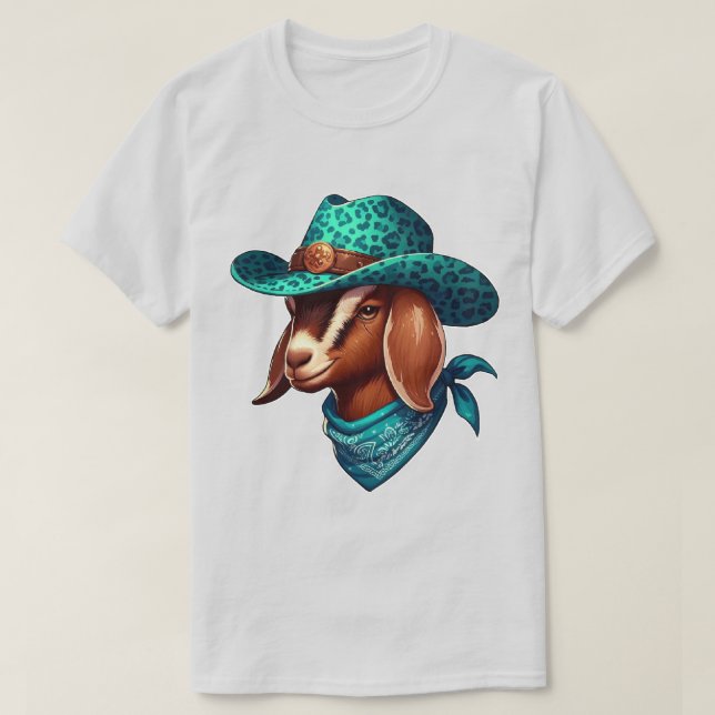 Goat Wearing a Stylish Cowboy Hat and Bandana T-Shirt (Design Front)