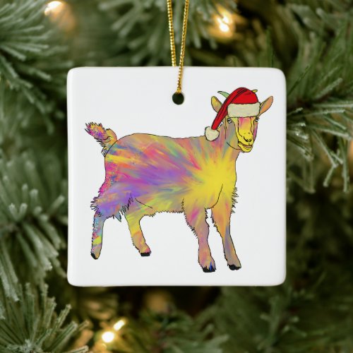 Goat wearing Santa hat  Ceramic Ornament