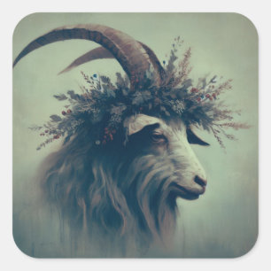 Goat Wearing Wreath Vintage Illustration  Square Sticker