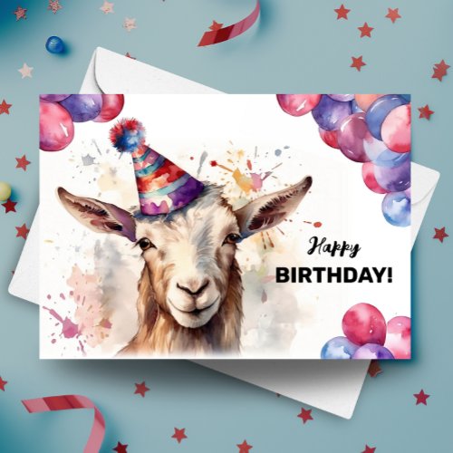 Goat with Balloons and Party Hat Happy Birthday Card