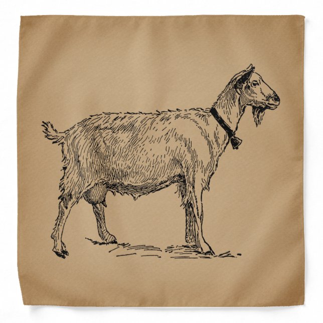 Goat with Bell Illustration Antique Aged Brown Bandana (Front)