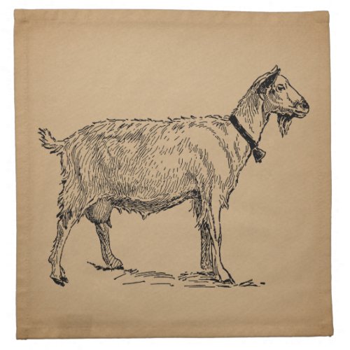 Goat with Bell Illustration Antique Aged Brown Cloth Napkin