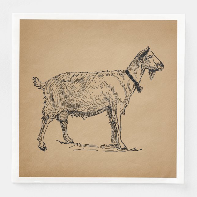 Goat with Bell Illustration Antique Aged Brown Paper Dinner Napkins (Front)