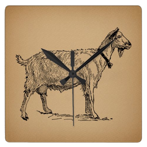 Goat with Bell Illustration Antique Aged Brown Square Wall Clock