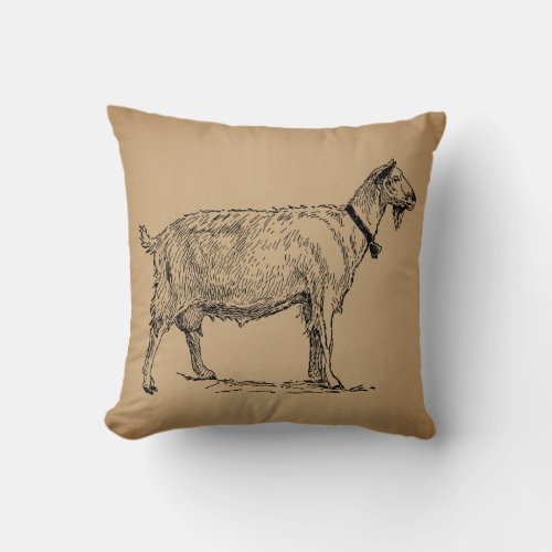 Goat with Bell Illustration Antique Aged Brown Throw Pillow